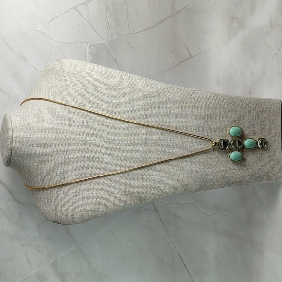 Aqua/Goldtone Cabochon Cross Enhancer Necklace - Picture 3 of 9